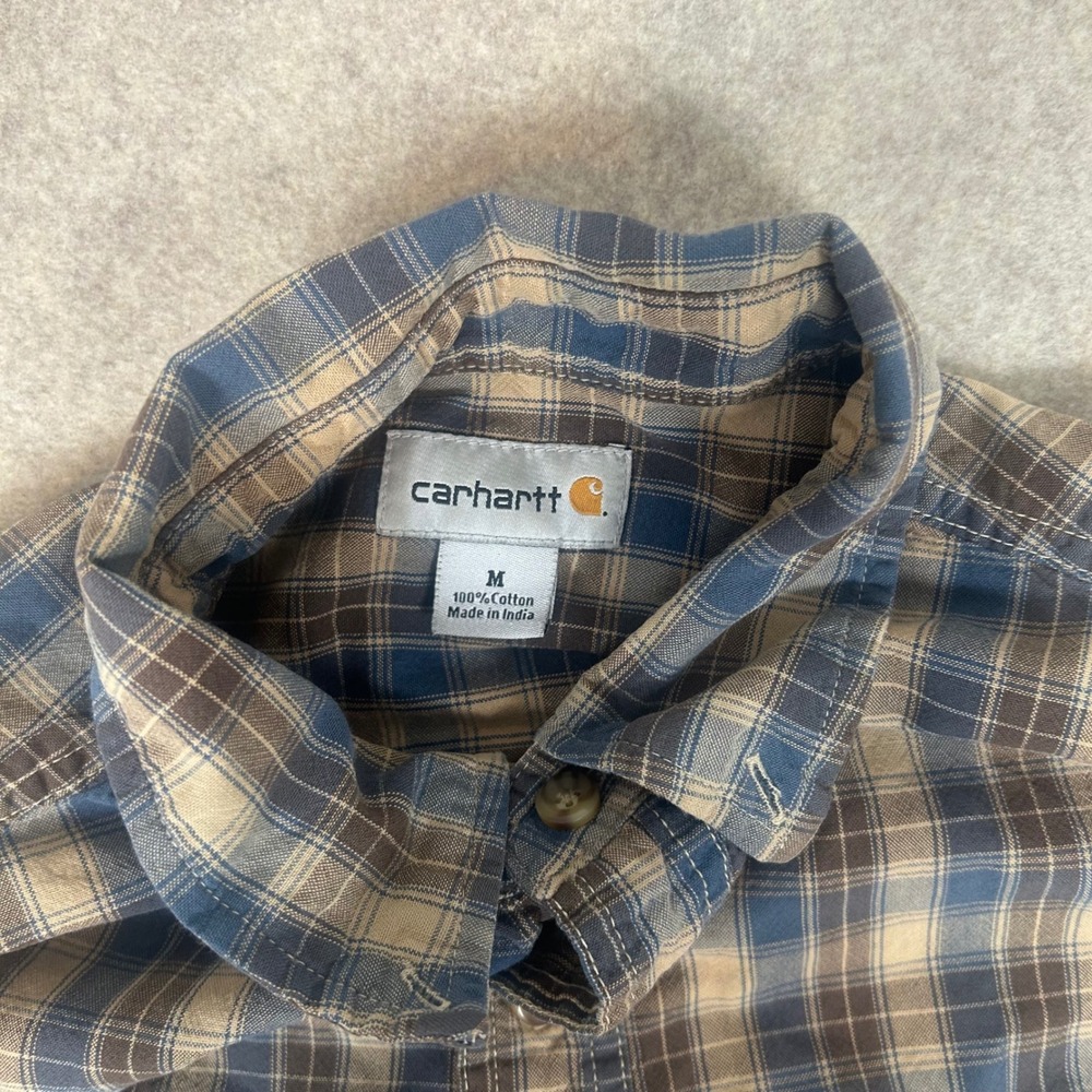 Carhartt Button Down Shirt Mens Medium Blue Tan Plaid Long‎ Sleeve Workwear 1237 - Picture 4 of 9